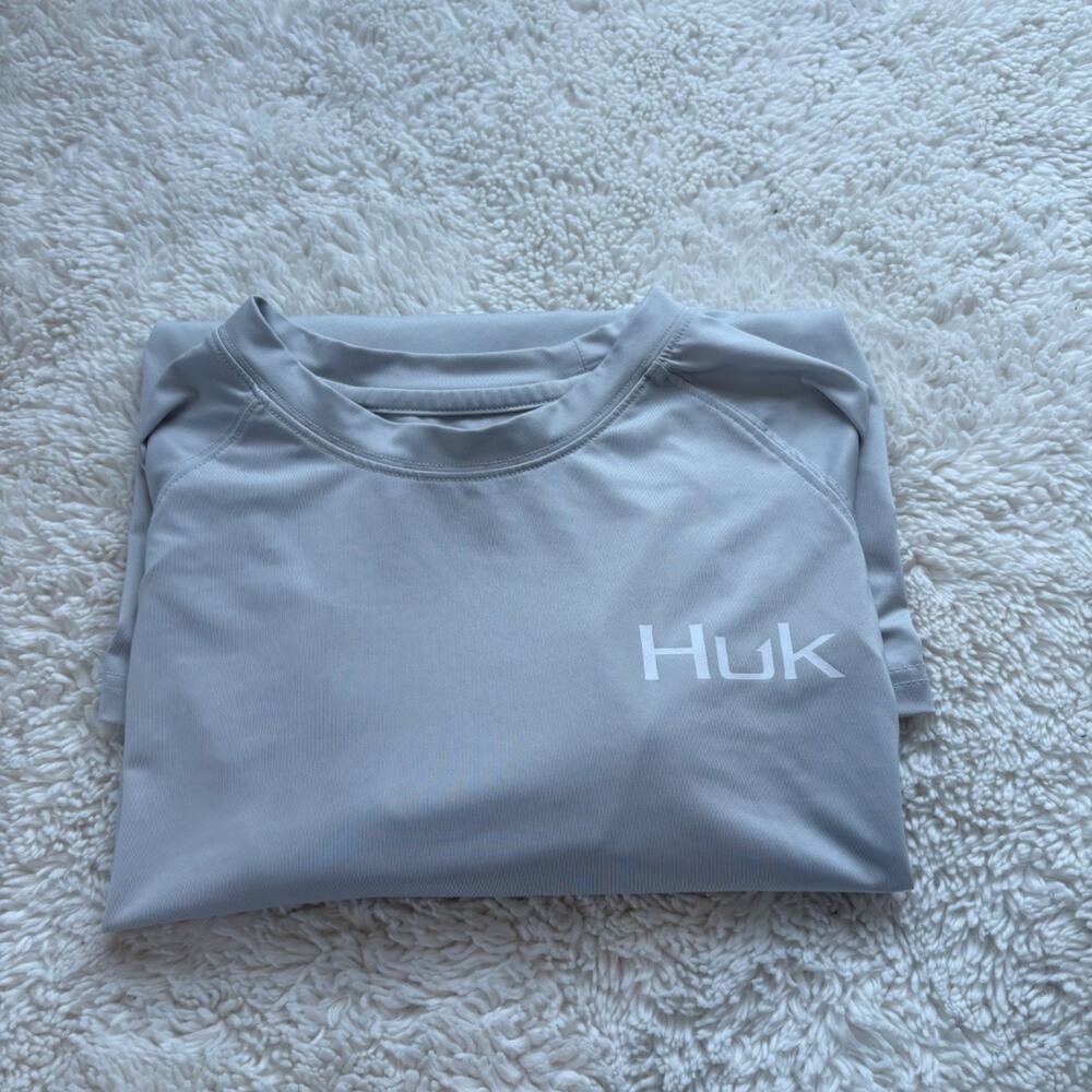 HUK Performance Fishing Shirt Mens S Long Sleeve Gray USA Flag Outdoors Sports